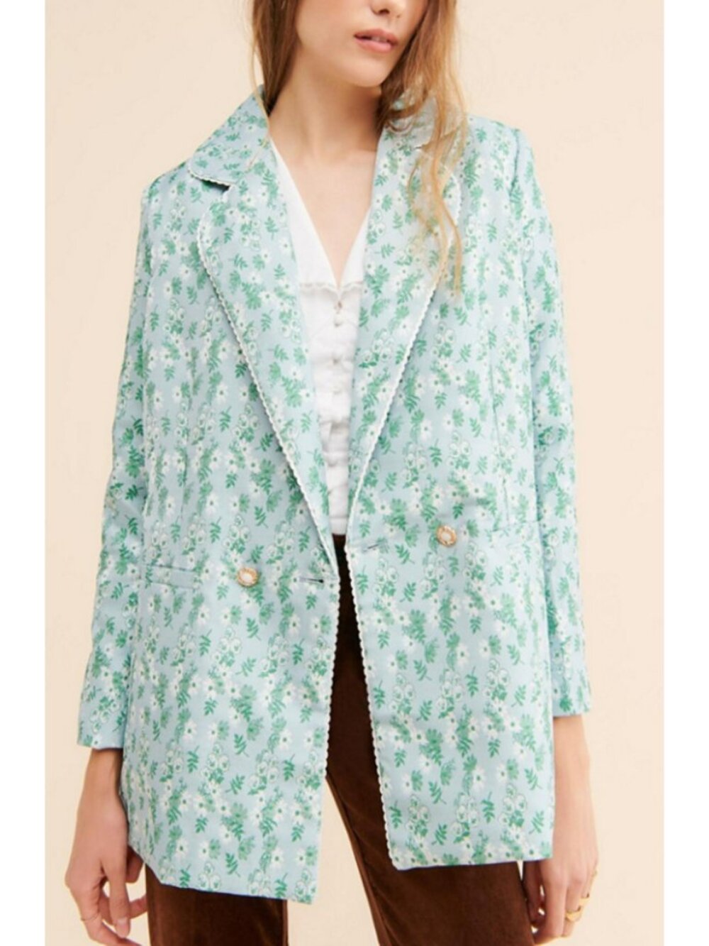 Sister Jane Blue, Green & White Floral Jacquard Blazer W/ Lace Trim, Size Large